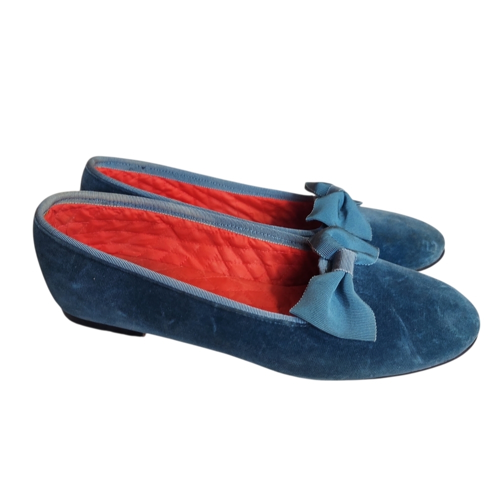 Rare Vintage Dunhams of Maine Blue Velvet Smoking Slippers Grosgrain Bow Size 11 - Picture 2 of 16